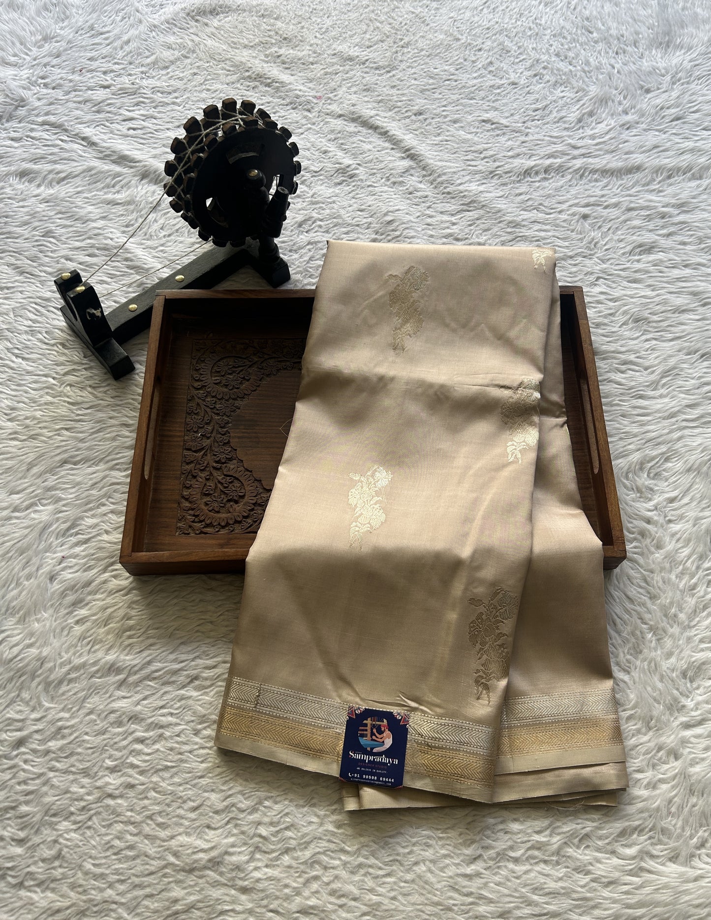 Banarasi Katan Silk Saree Biscuit Colored Elegantly Paired with a Zari border. - Sampradaya Designer Studio