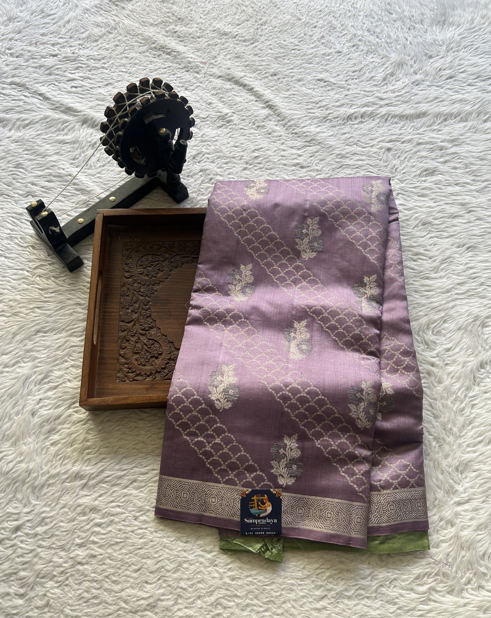 Chiniya Silk Saree Lavender Colored Elegantly Paired with a Zari Border. - Sampradaya Designer Studio