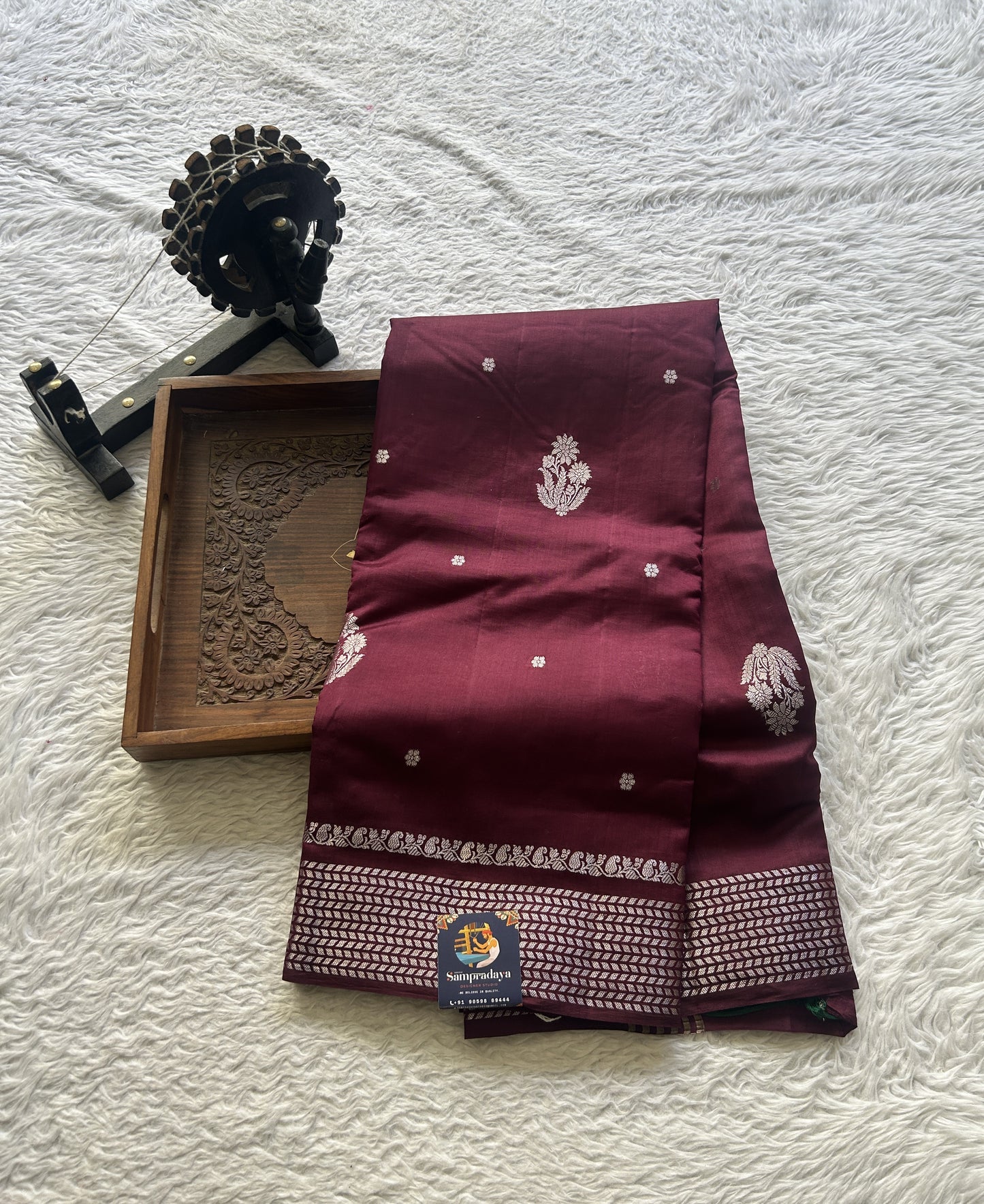 Chiniya Silk Saree Wine Colored Elegantly Paired with a Zari Border. - Sampradaya Designer Studio