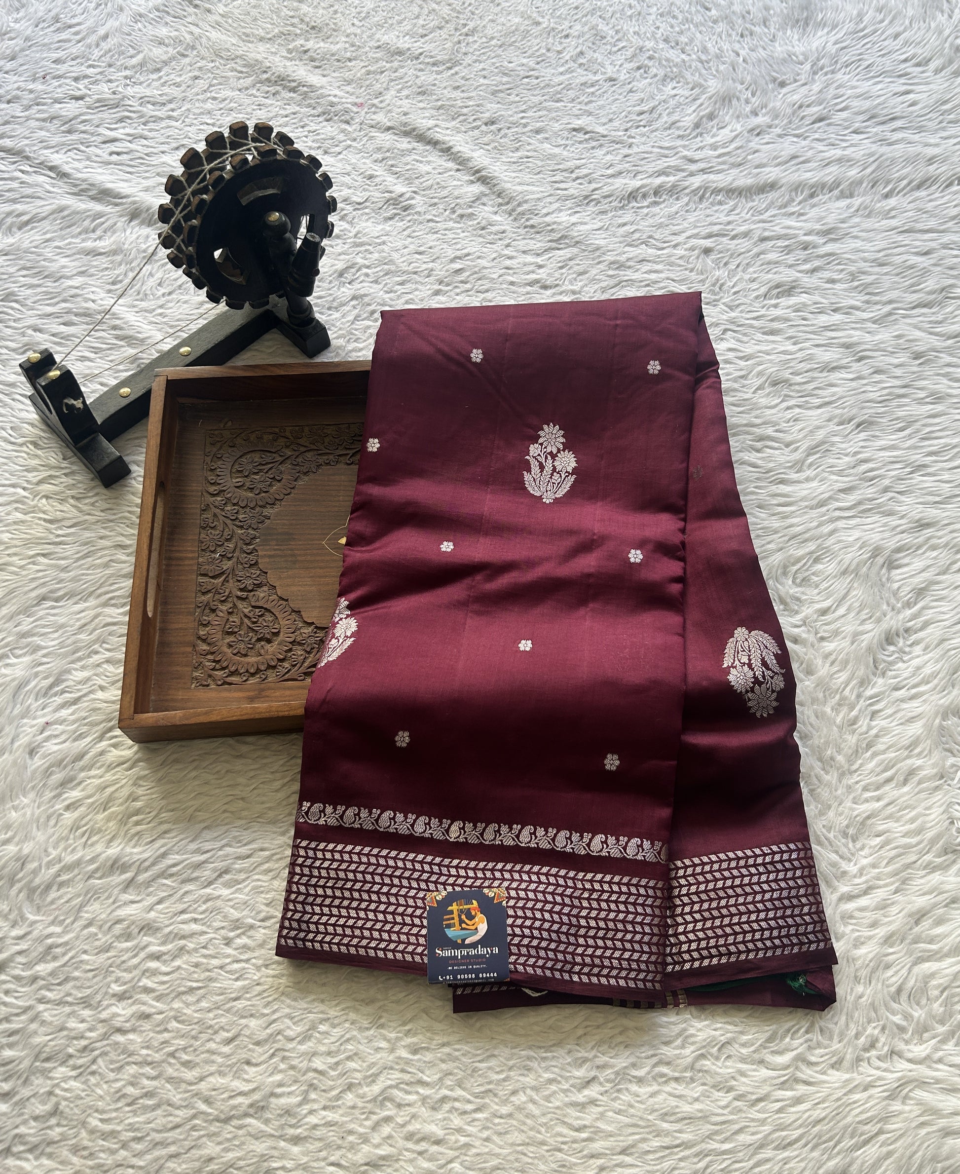 Chiniya Silk Saree Wine Colored Elegantly Paired with a Zari Border. - Sampradaya Designer Studio