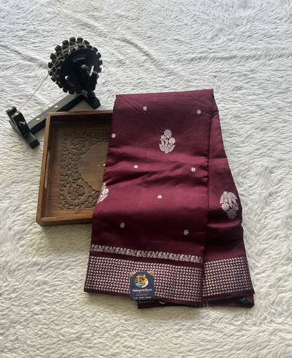 Chiniya Silk Saree Wine Colored Elegantly Paired with a Zari Border. - Sampradaya Designer Studio