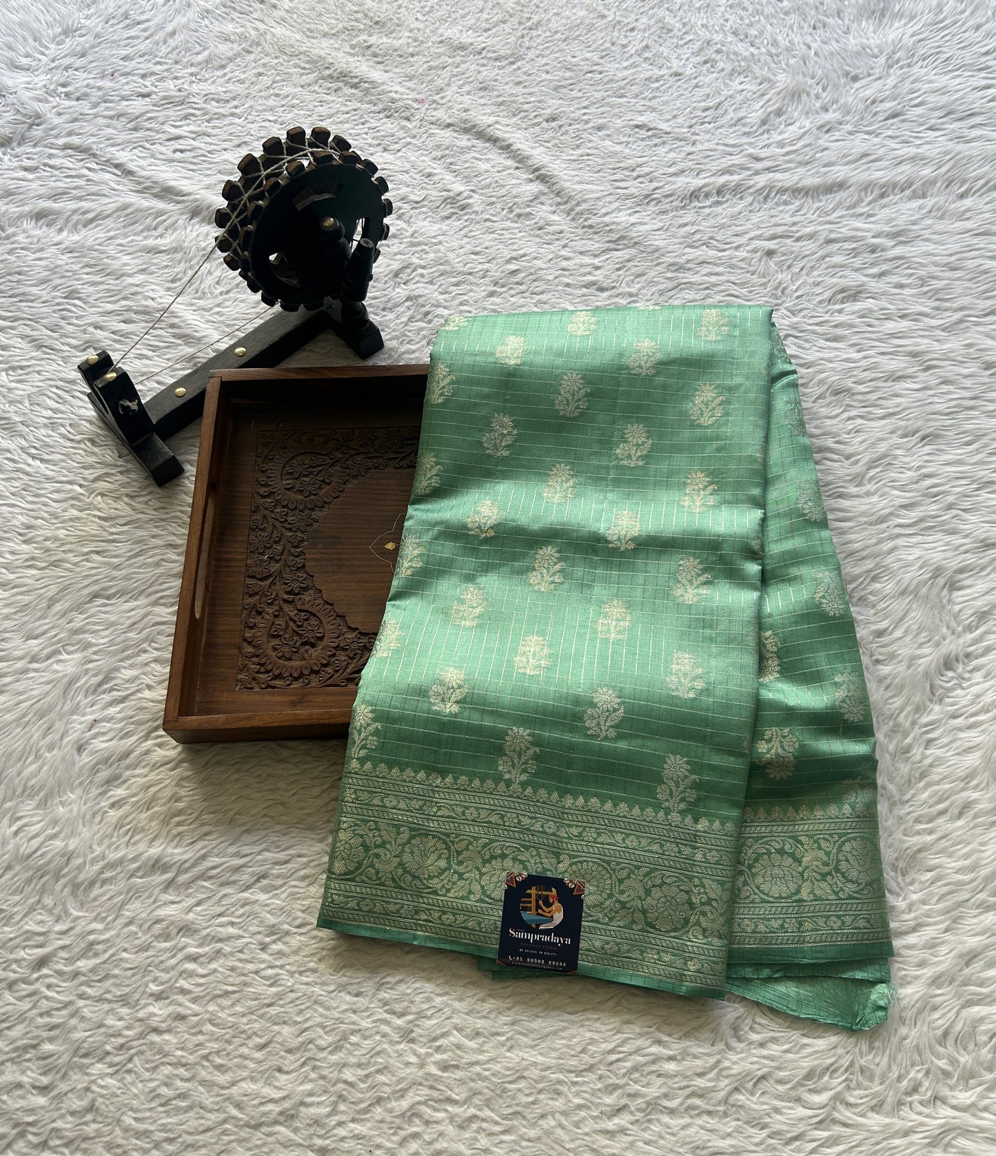 Chiniya Silk Checks Saree Dusty Blue Colored Elegantly Paired with a Zari Border. - Sampradaya Designer Studio