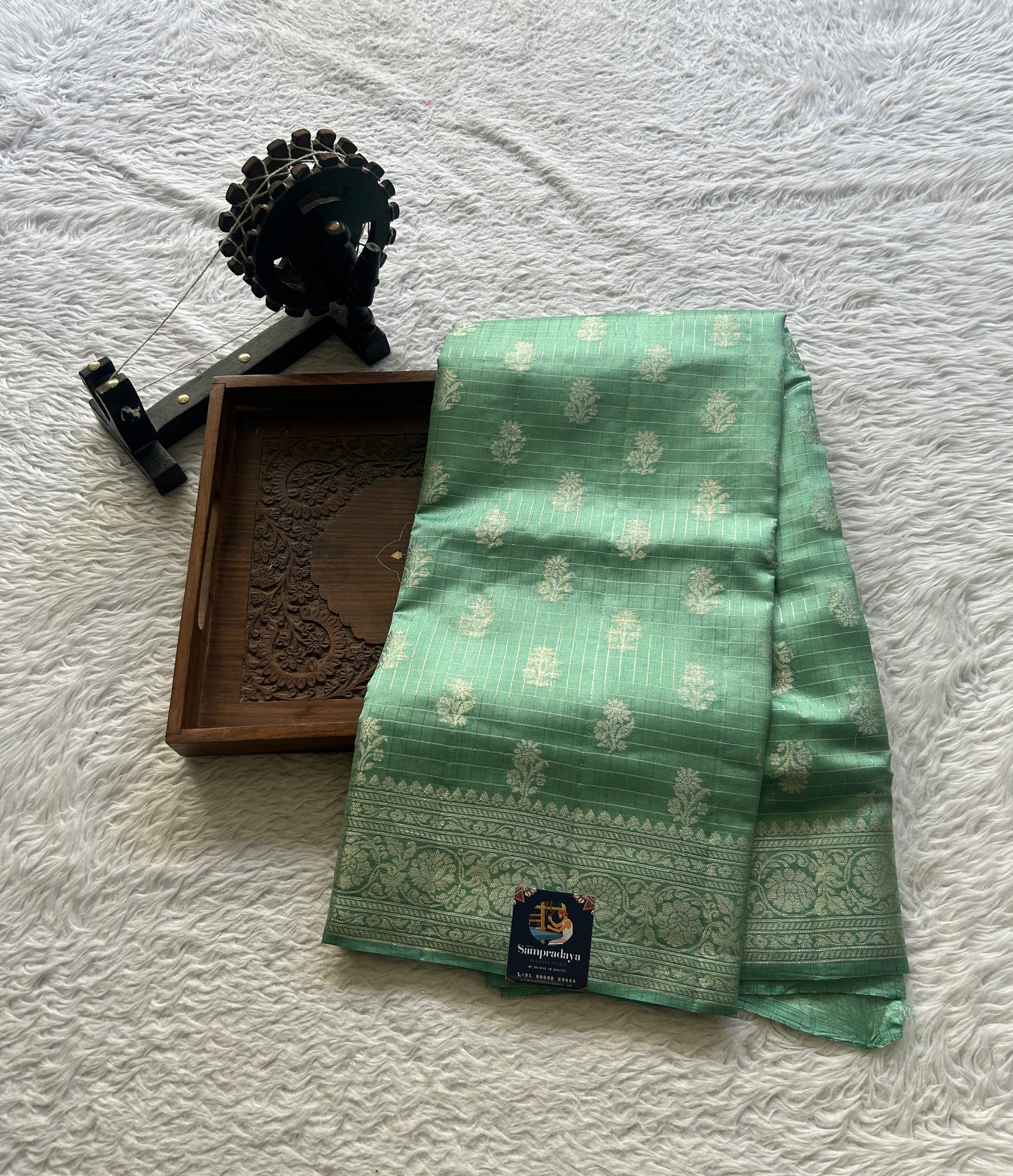 Chiniya Silk Checks Saree Dusty Blue Colored Elegantly Paired with a Zari Border. - Sampradaya Designer Studio