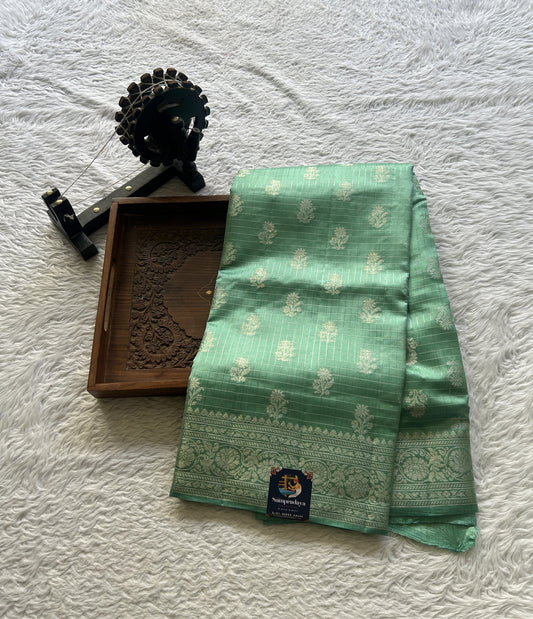 Chiniya Silk Checks Saree Dusty Blue Colored Elegantly Paired with a Zari Border. - Sampradaya Designer Studio