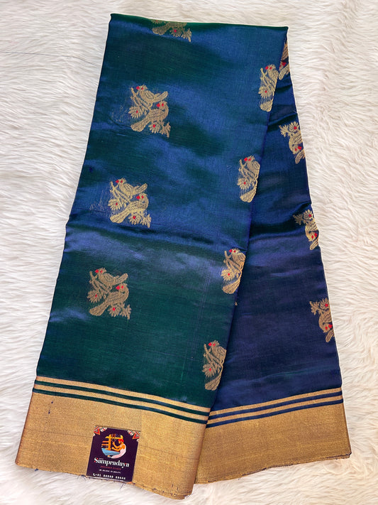 Chanderi Pattu Saree Peacock Blue colored saree complemented with a Gold Zari border - Sampradaya Designer Studio