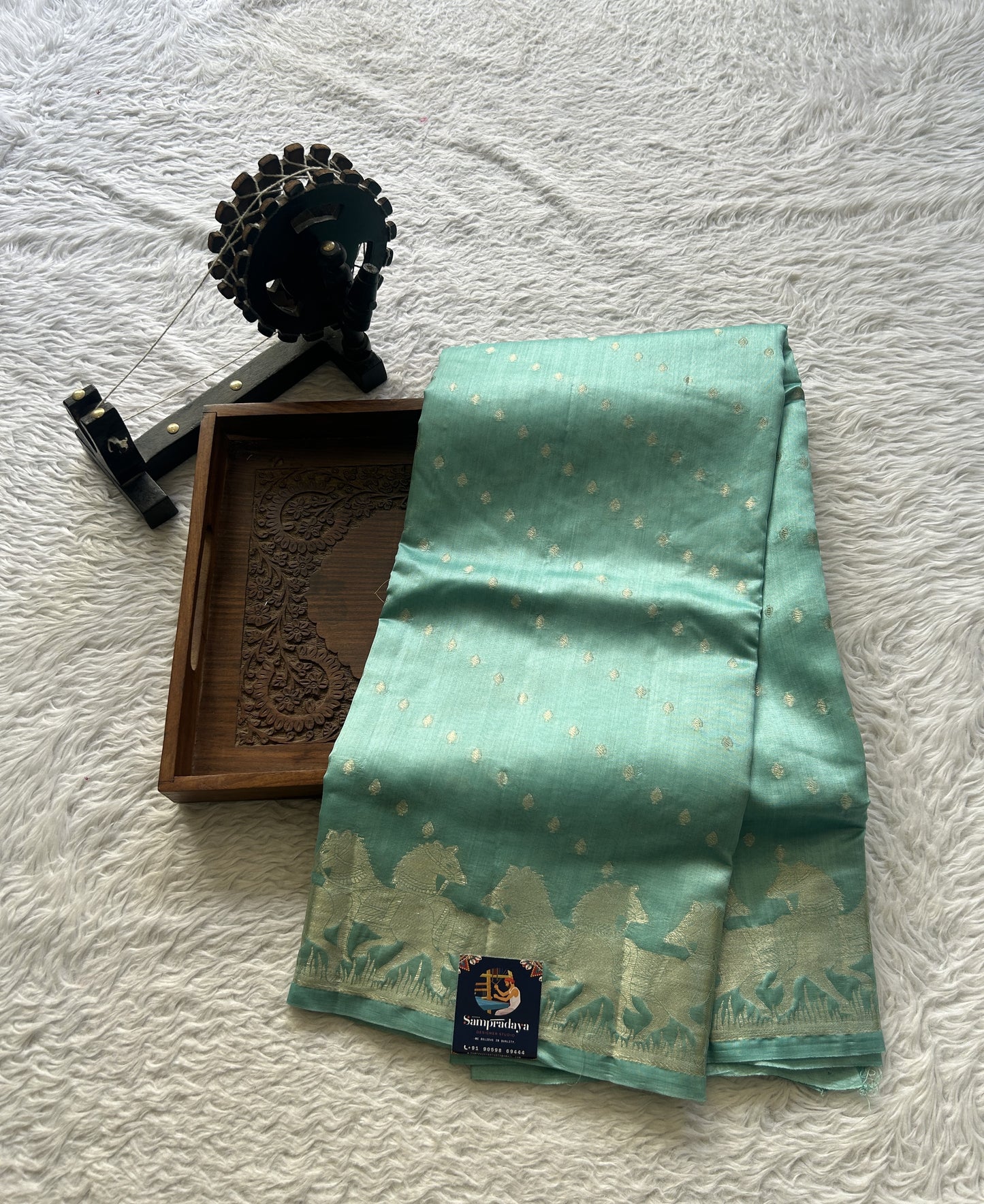 Chiniya Silk Saree Sea Blue Colored Elegantly Paired with a Zari Border. - Sampradaya Designer Studio