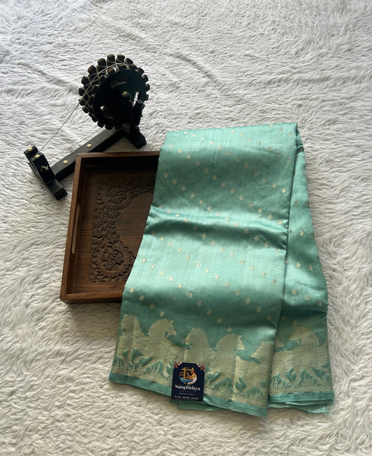 Chiniya Silk Saree Sea Blue Colored Elegantly Paired with a Zari Border. - Sampradaya Designer Studio