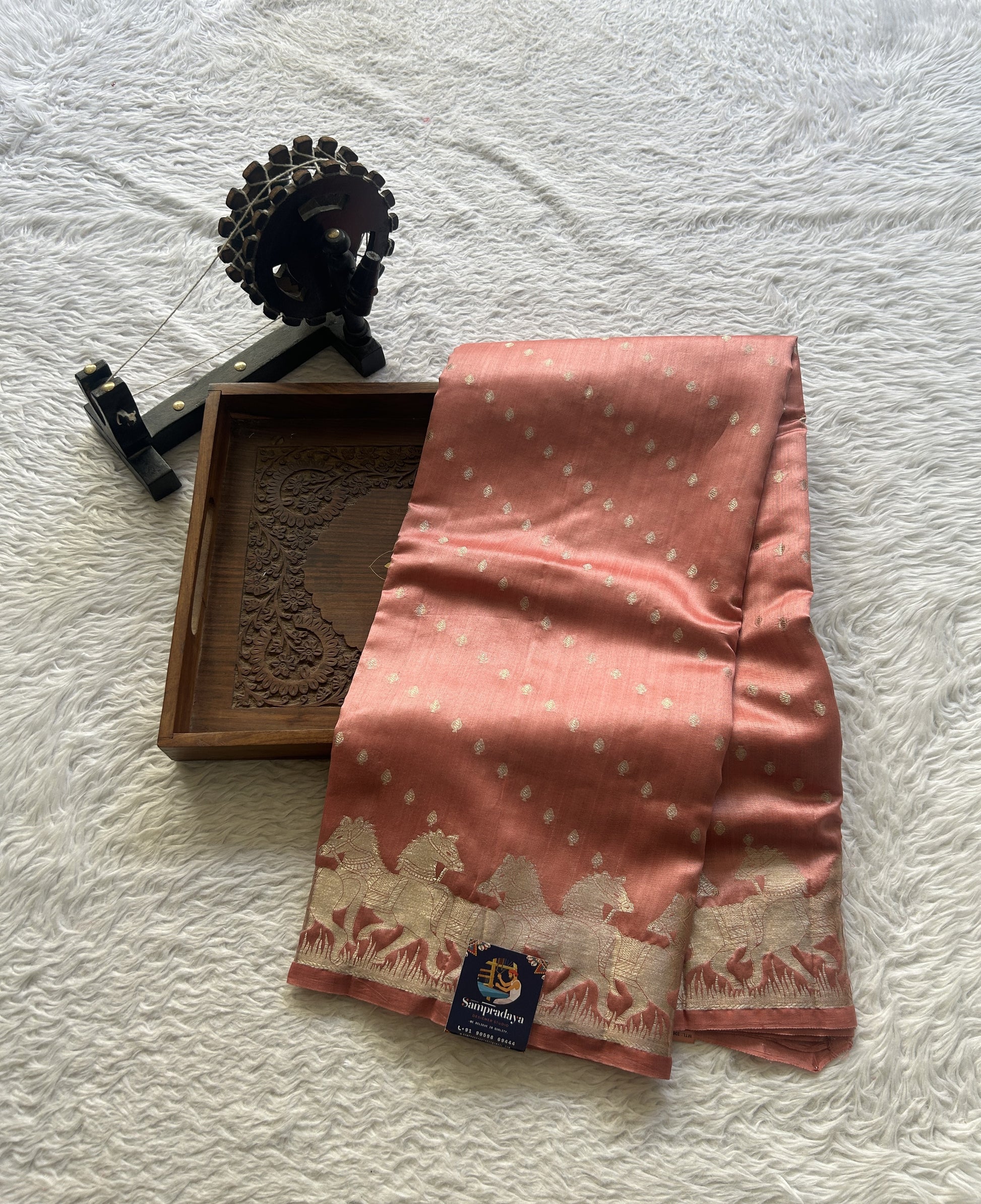 Chiniya Silk Saree Salmon Pink Colored Elegantly Paired with a Zari Border. - Sampradaya Designer Studio