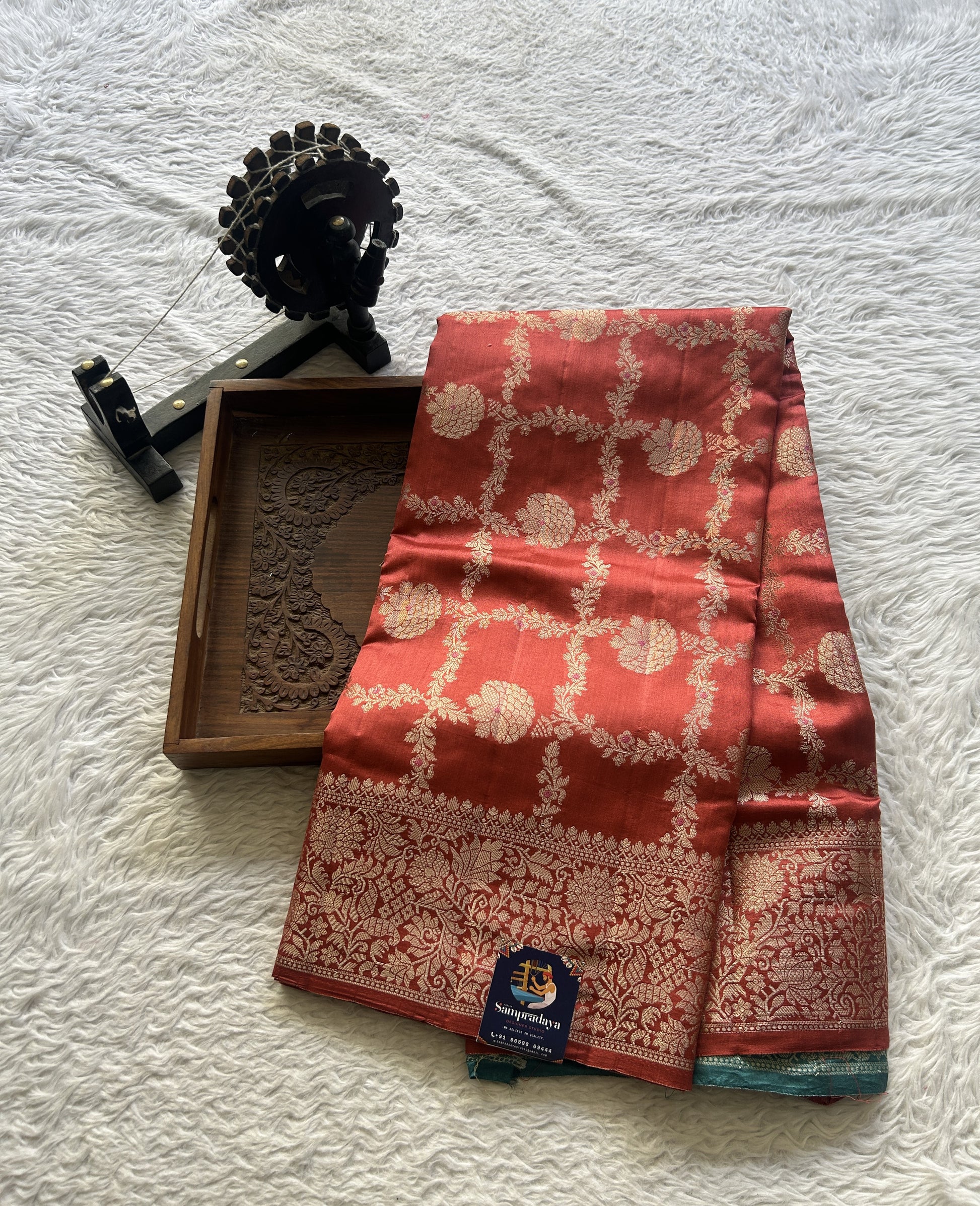 Chiniya Silk Allover Saree Dark Peach Colored Elegantly Paired with a Zari Border. - Sampradaya Designer Studio