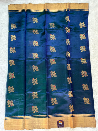 Chanderi Pattu Saree Peacock Blue colored saree complemented with a Gold Zari border - Sampradaya Designer Studio