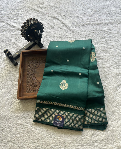 Chiniya Silk Saree Bottle Green Colored Elegantly Paired with a Zari Border. - Sampradaya Designer Studio