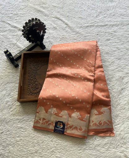 Chiniya Silk Saree Peach Colored Elegantly Paired with a Zari Border. - Sampradaya Designer Studio
