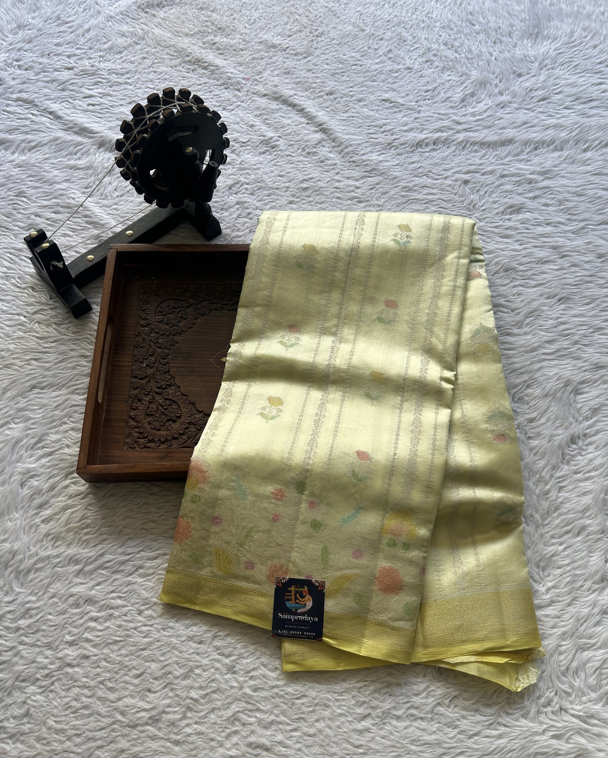 Chiniya Silk Saree Light Yellow Colored Elegantly Paired with a Minakari Border. - Sampradaya Designer Studio