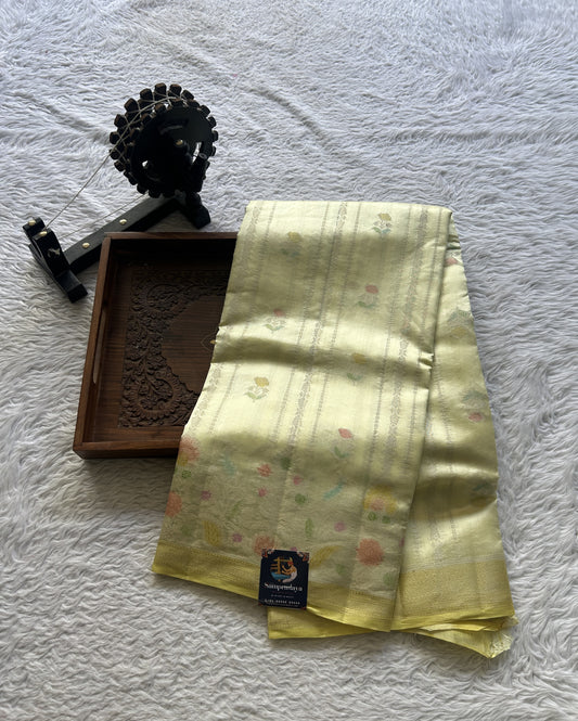Chiniya Silk Saree Light Yellow Colored Elegantly Paired with a Minakari Border. - Sampradaya Designer Studio