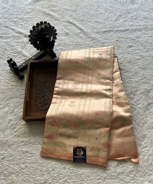 Chiniya Silk Saree Light Peach Colored Elegantly Paired with a Minakari Border. - Sampradaya Designer Studio