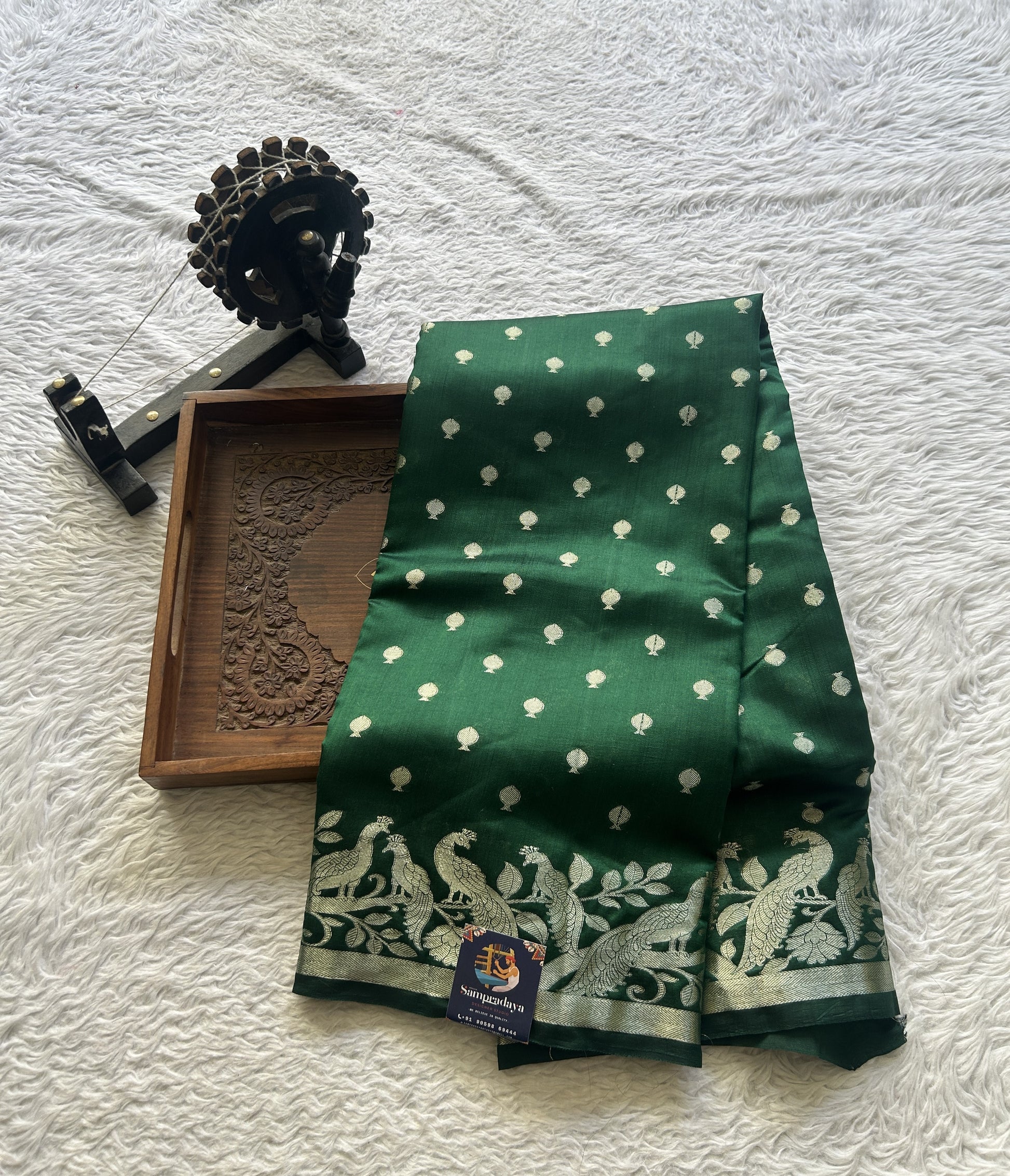 Chiniya Silk Saree Dark Green Colored Elegantly Paired with a Jal Border. - Sampradaya Designer Studio