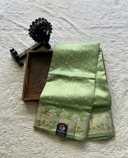 Chiniya Silk Saree Light Green Colored Elegantly Paired with a Zari Border. - Sampradaya Designer Studio