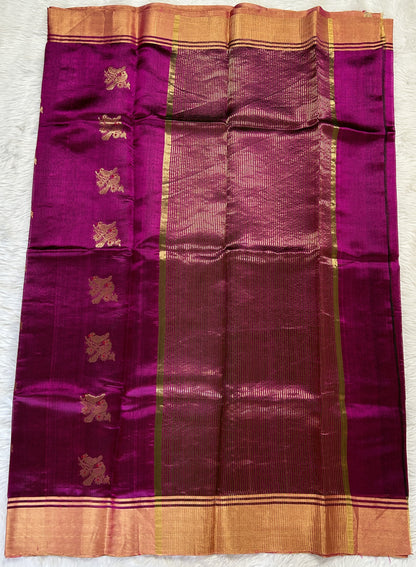 Chanderi Pattu Saree Magenta colored saree complemented with a Gold Zari border - Sampradaya Designer Studio