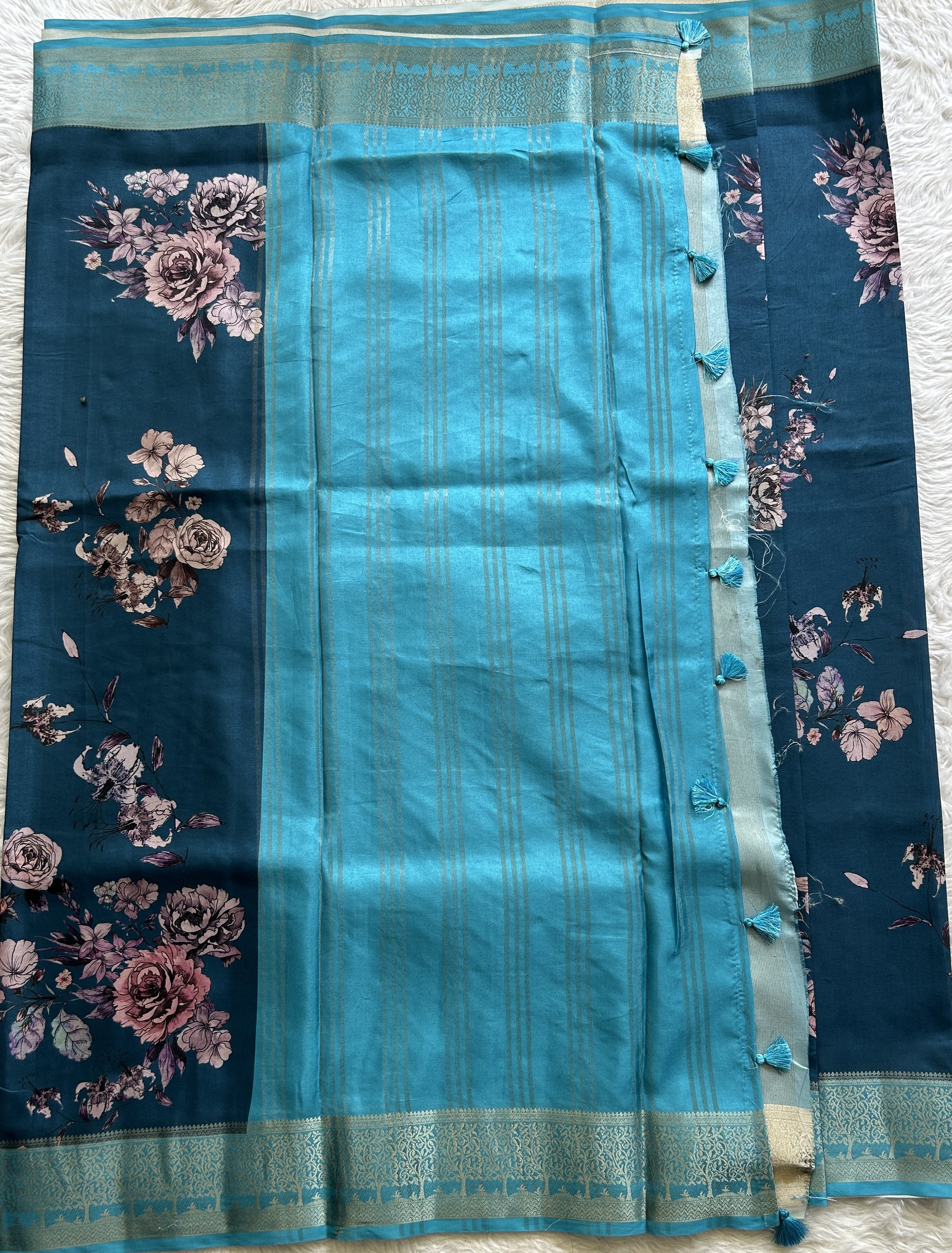 Semi Raw Silk Saree Teal Blue Colored Complemented with a Zari Border. - Sampradaya Designer Studio