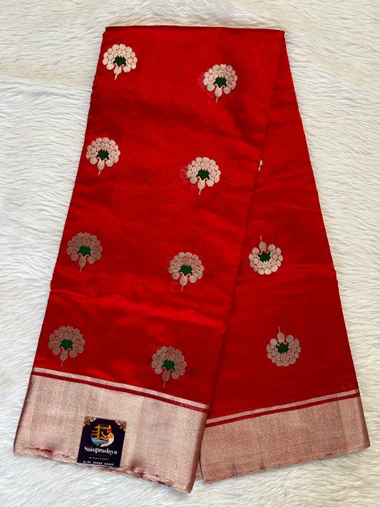Chanderi Pattu Saree Red colored saree complemented with a Silver Zari border - Sampradaya Designer Studio