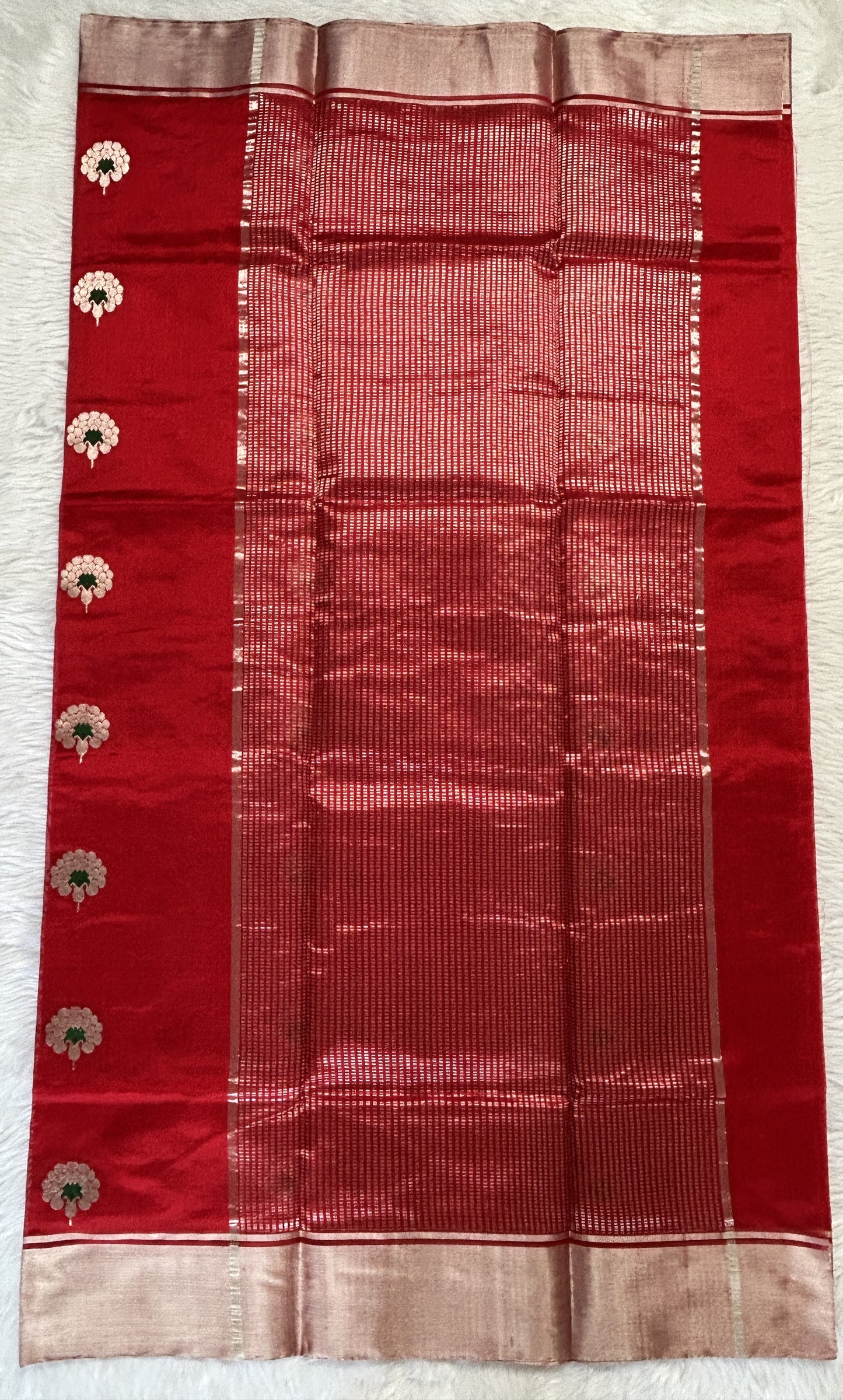 Chanderi Pattu Saree Red colored saree complemented with a Silver Zari border - Sampradaya Designer Studio