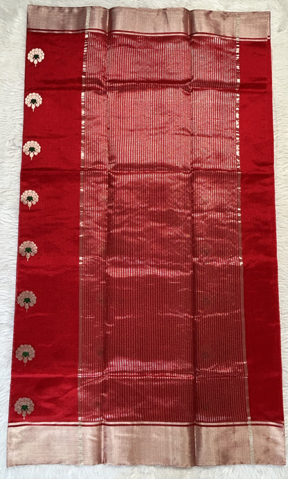 Chanderi Pattu Saree Red colored saree complemented with a Silver Zari border - Sampradaya Designer Studio