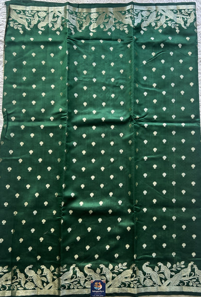 Chiniya Silk Saree Dark Green Colored Elegantly Paired with a Jal Border. - Sampradaya Designer Studio