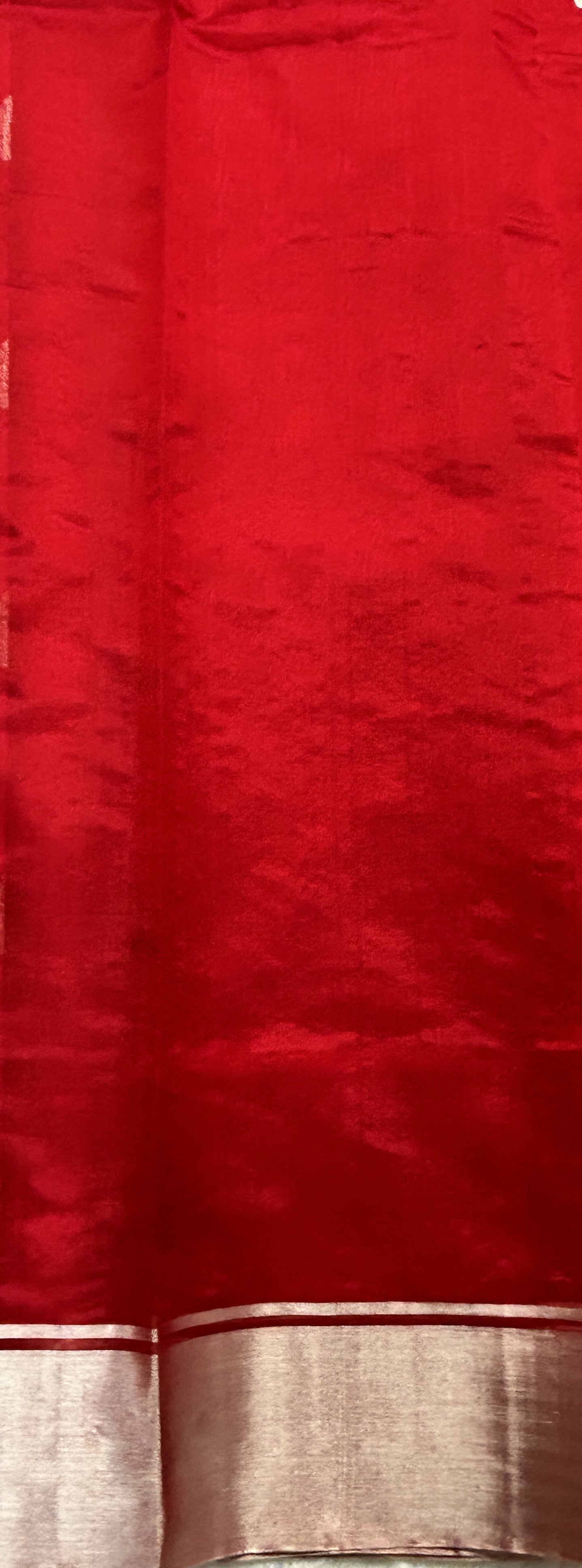 Chanderi Pattu Saree Red colored saree complemented with a Silver Zari border - Sampradaya Designer Studio