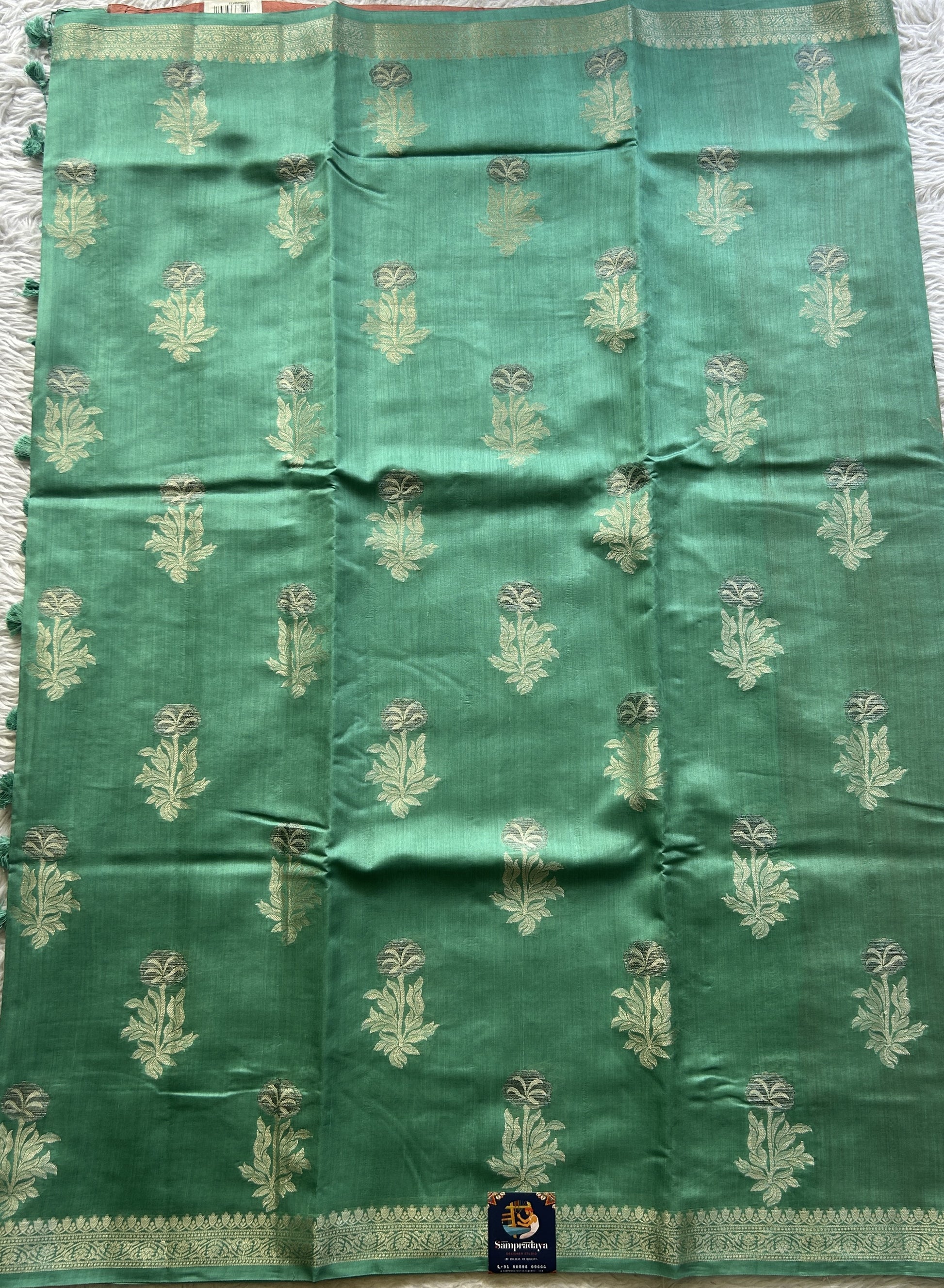 Chiniya Silk Saree Sea Green Colored Elegantly Paired with a Jal Border. - Sampradaya Designer Studio