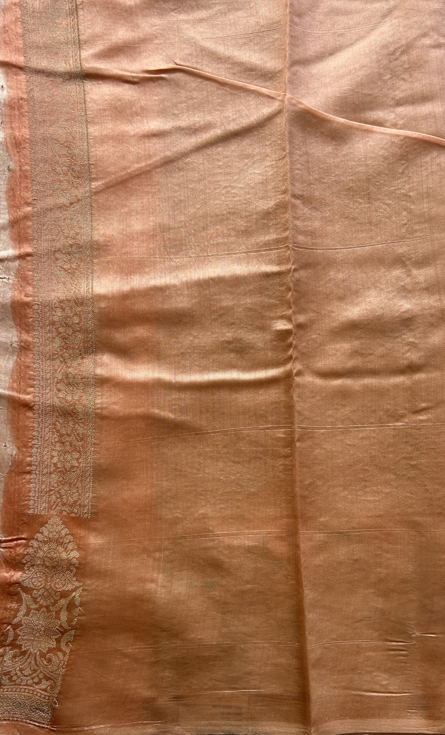 Chiniya Silk Saree Light Peach Colored Elegantly Paired with a Minakari Border. - Sampradaya Designer Studio