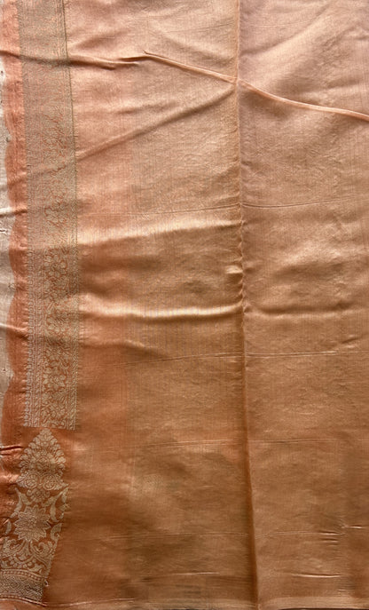 Chiniya Silk Saree Light Peach Colored Elegantly Paired with a Minakari Border. - Sampradaya Designer Studio