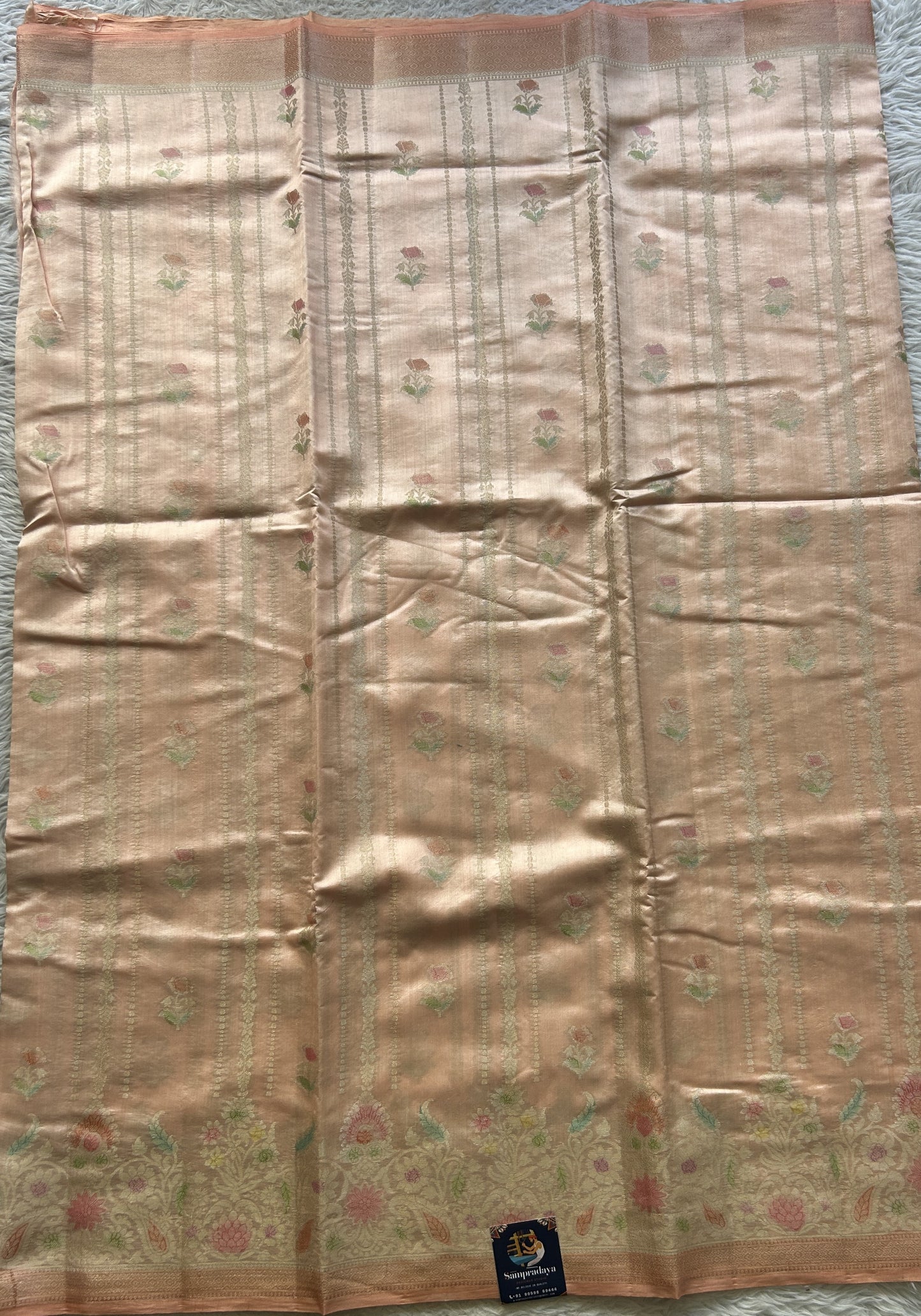 Chiniya Silk Saree Light Peach Colored Elegantly Paired with a Minakari Border. - Sampradaya Designer Studio