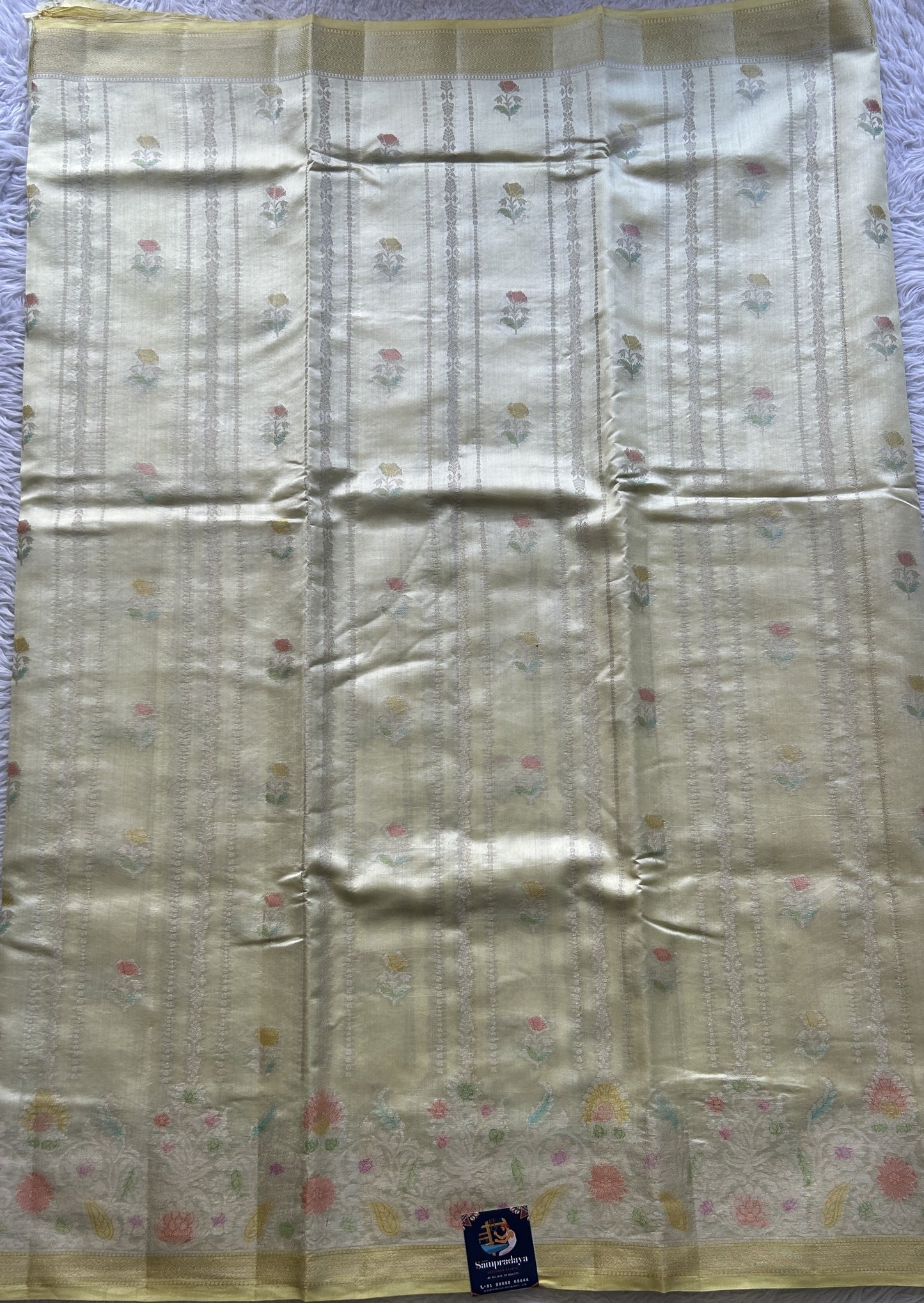 Chiniya Silk Saree Light Yellow Colored Elegantly Paired with a Minakari Border. - Sampradaya Designer Studio