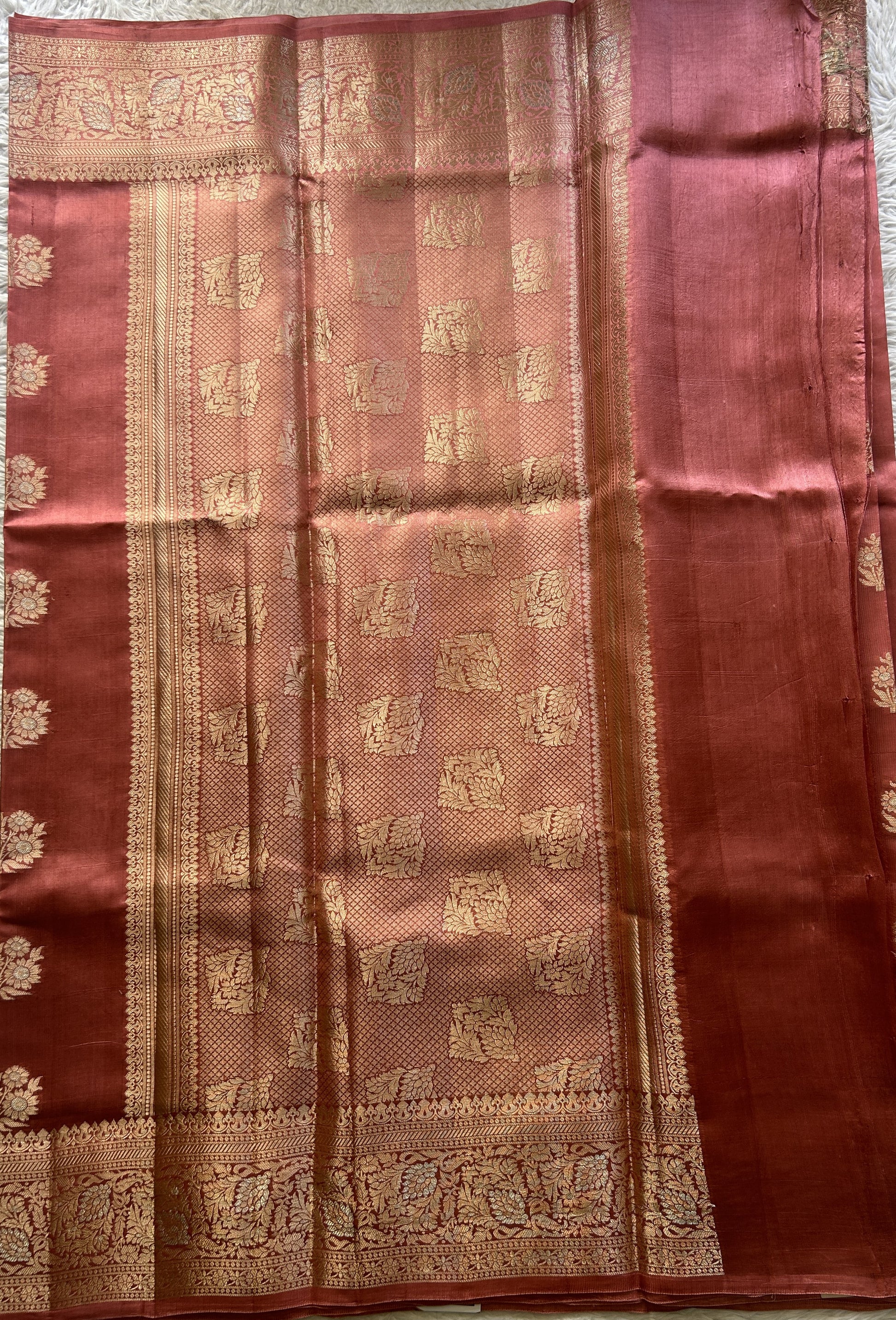 Chiniya Silk Saree Peach Colored Elegantly Paired with a Jal Border. - Sampradaya Designer Studio