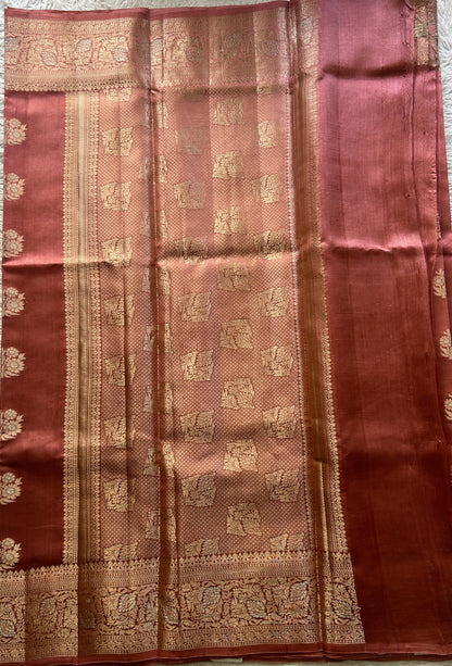 Chiniya Silk Saree Peach Colored Elegantly Paired with a Jal Border. - Sampradaya Designer Studio
