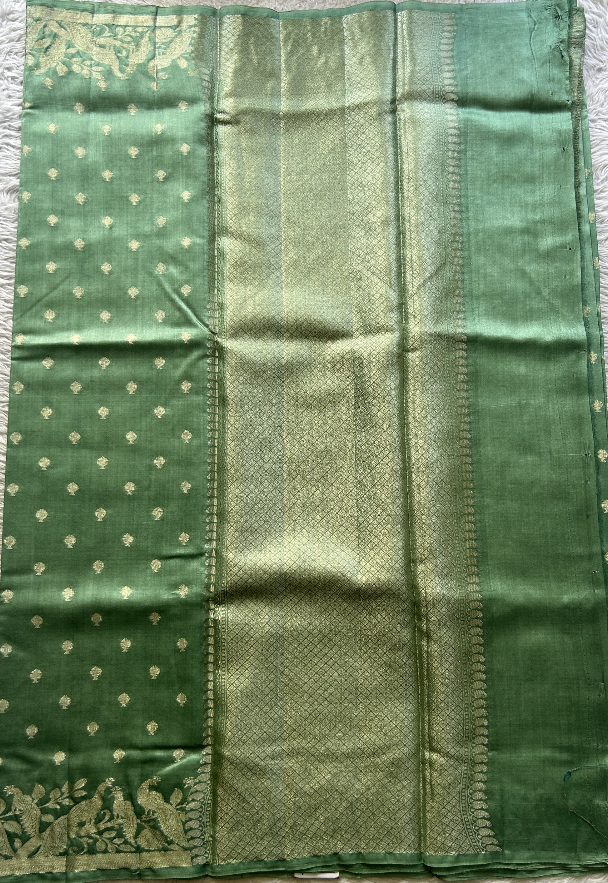 Chiniya Silk Saree Sea Green Colored Elegantly Paired with a Jal Border. - Sampradaya Designer Studio