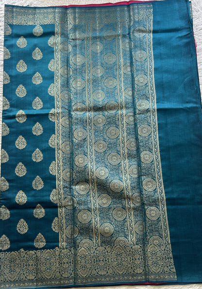 Chiniya Silk Saree German Blue Colored Elegantly Paired with a Zari Border. - Sampradaya Designer Studio
