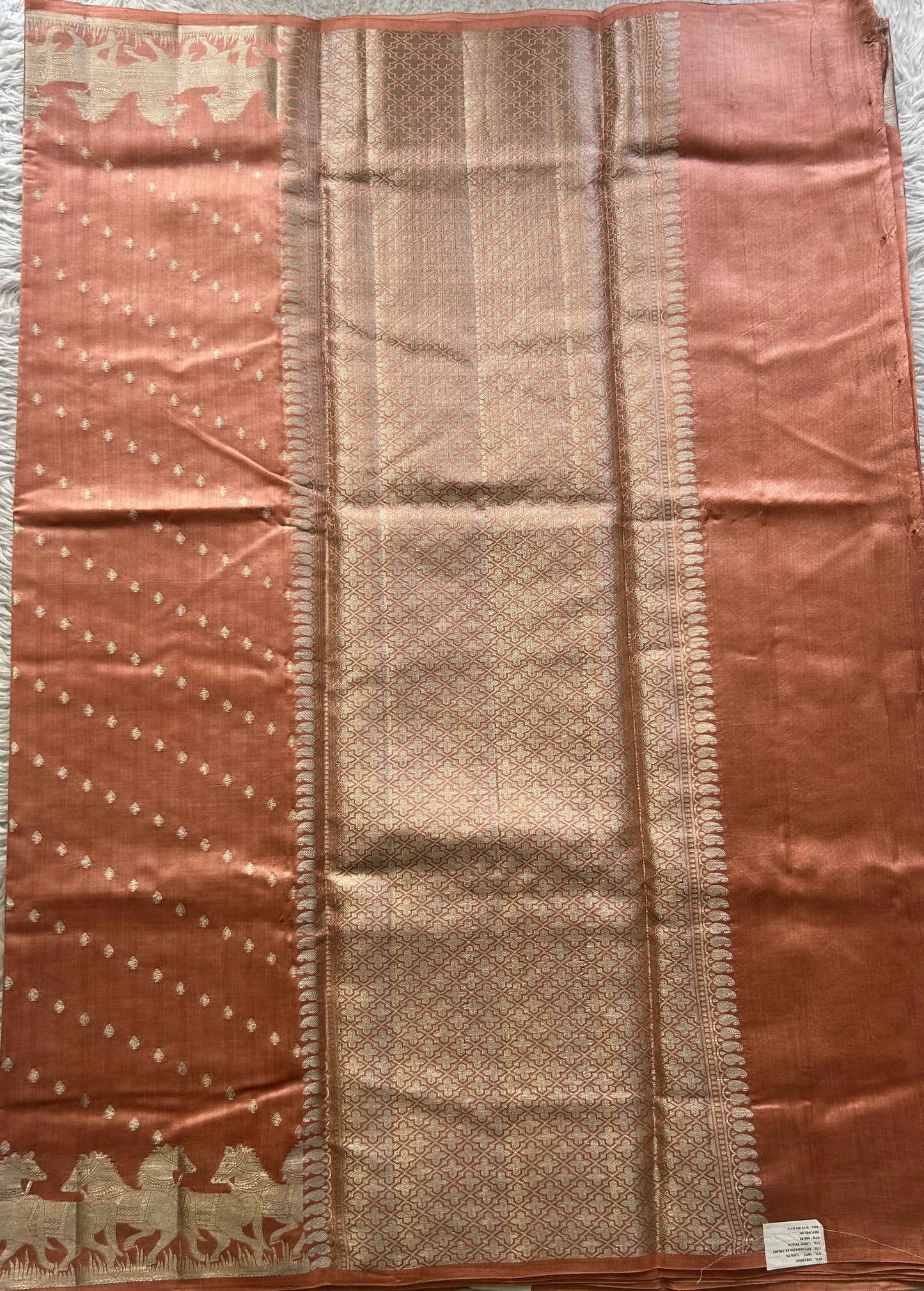 Chiniya Silk Saree Peach Colored Elegantly Paired with a Zari Border. - Sampradaya Designer Studio
