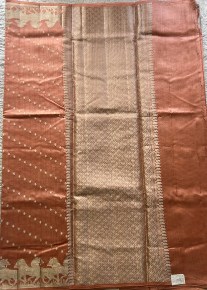 Chiniya Silk Saree Peach Colored Elegantly Paired with a Zari Border. - Sampradaya Designer Studio