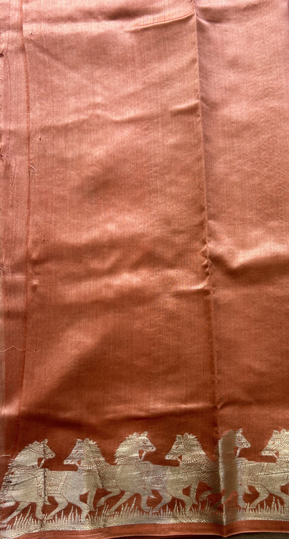 Chiniya Silk Saree Peach Colored Elegantly Paired with a Zari Border. - Sampradaya Designer Studio