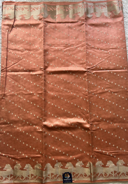 Chiniya Silk Saree Peach Colored Elegantly Paired with a Zari Border. - Sampradaya Designer Studio