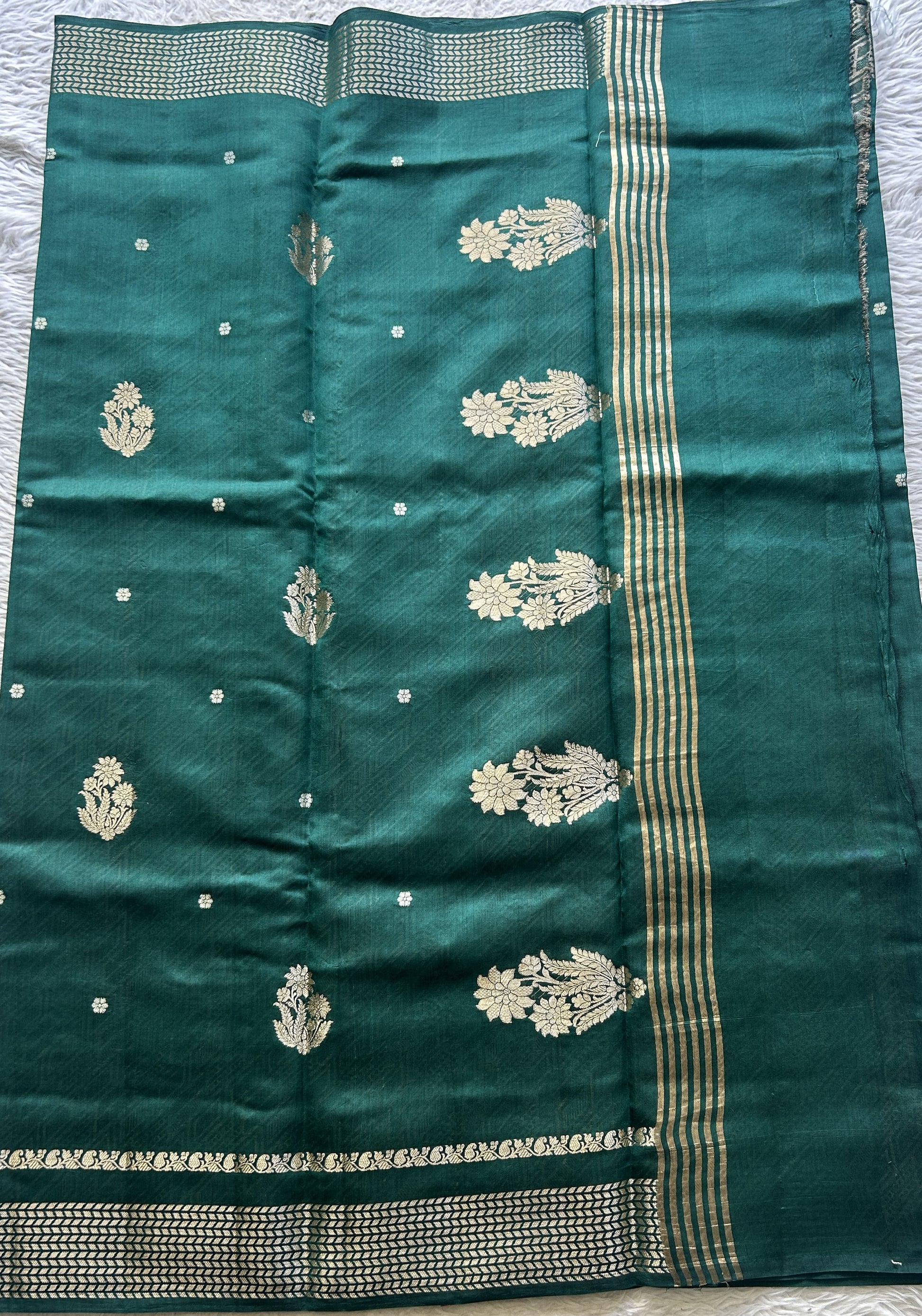 Chiniya Silk Saree Bottle Green Colored Elegantly Paired with a Zari Border. - Sampradaya Designer Studio