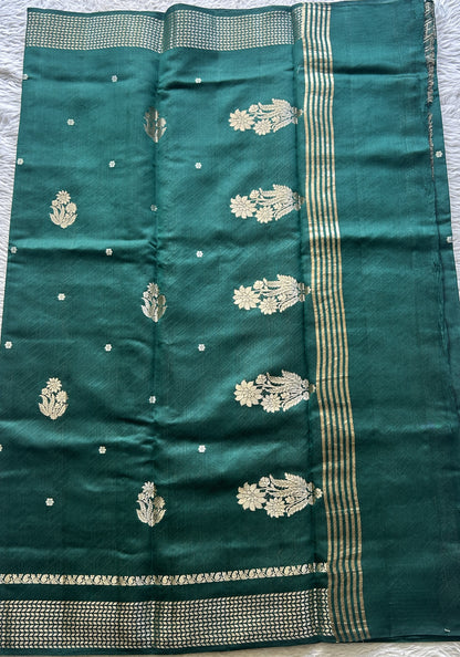 Chiniya Silk Saree Bottle Green Colored Elegantly Paired with a Zari Border. - Sampradaya Designer Studio