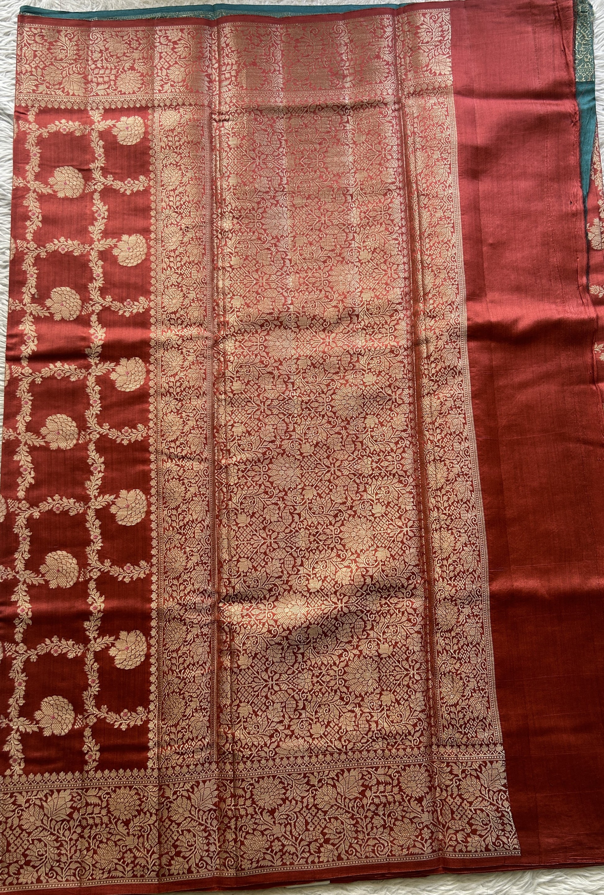 Chiniya Silk Allover Saree Dark Peach Colored Elegantly Paired with a Zari Border. - Sampradaya Designer Studio