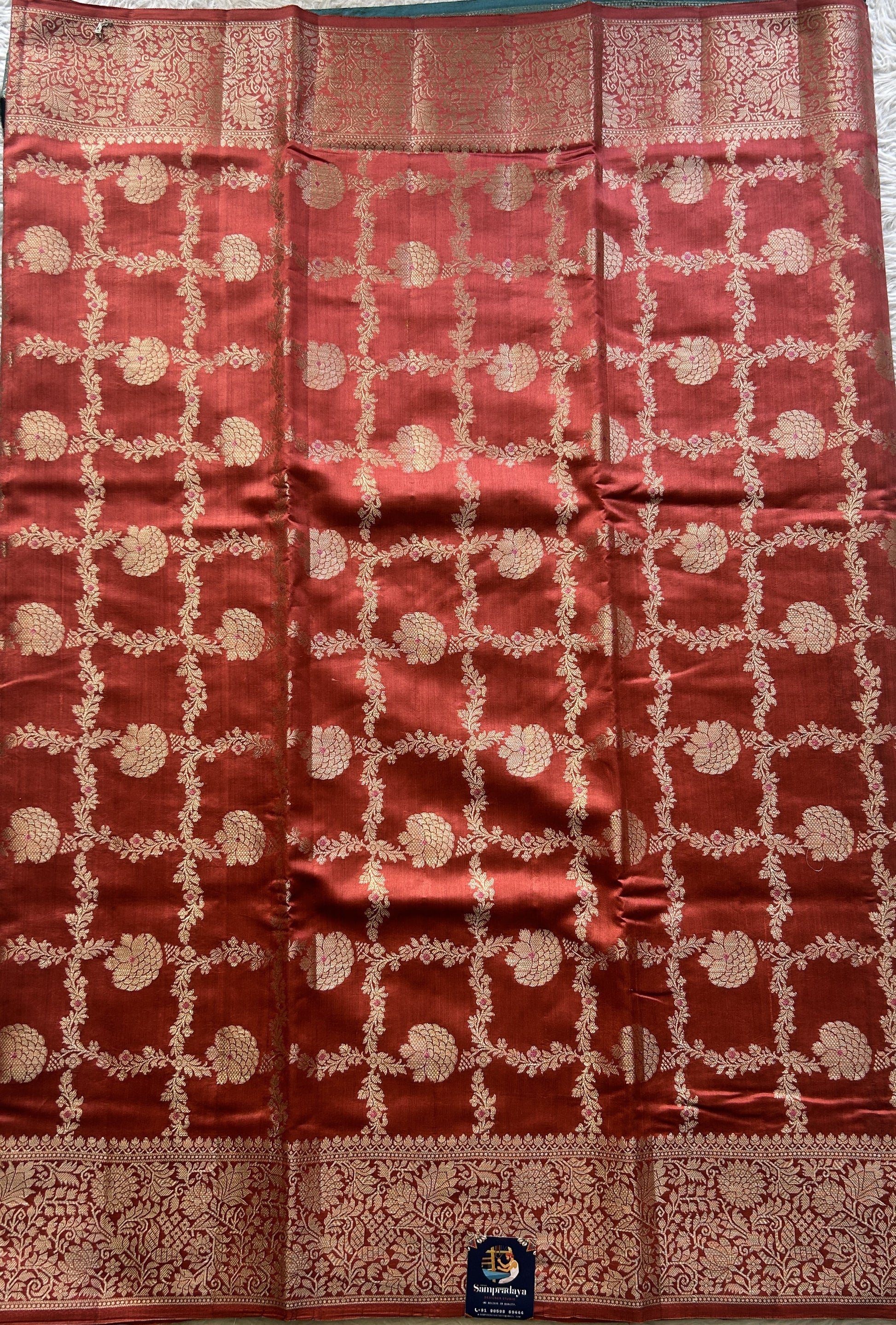 Chiniya Silk Allover Saree Dark Peach Colored Elegantly Paired with a Zari Border. - Sampradaya Designer Studio