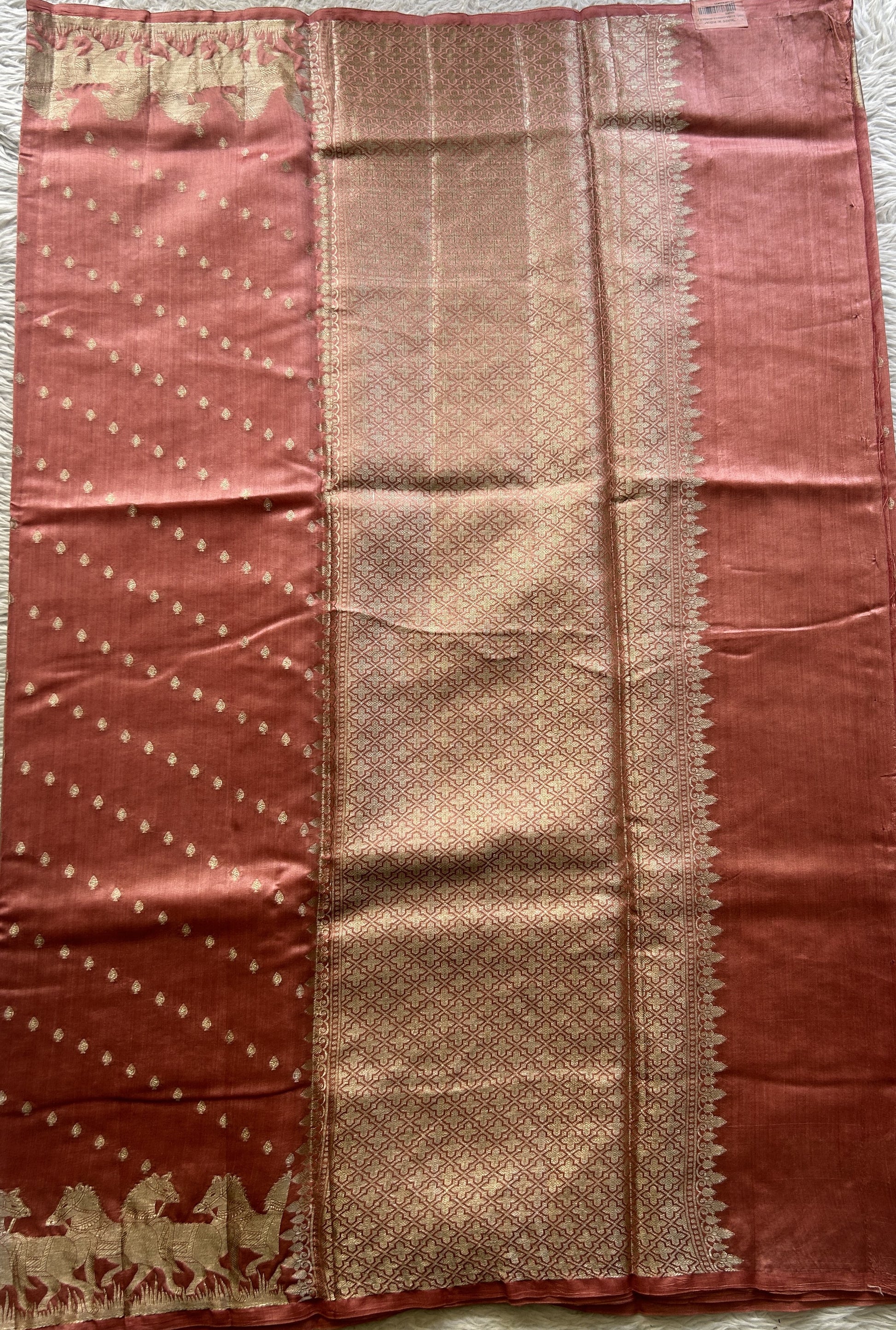 Chiniya Silk Saree Salmon Pink Colored Elegantly Paired with a Zari Border. - Sampradaya Designer Studio