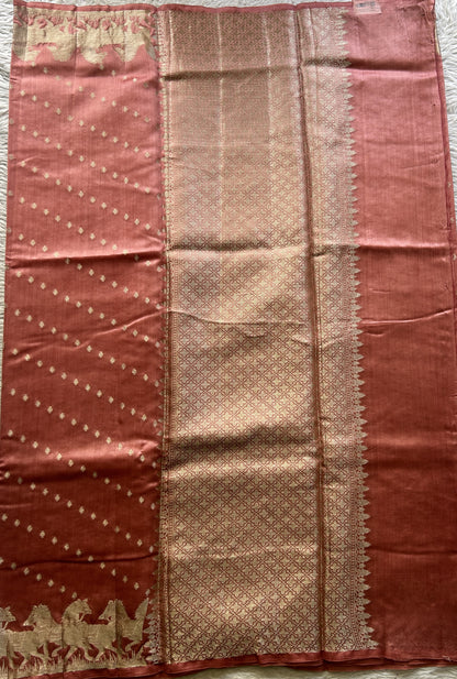 Chiniya Silk Saree Salmon Pink Colored Elegantly Paired with a Zari Border. - Sampradaya Designer Studio