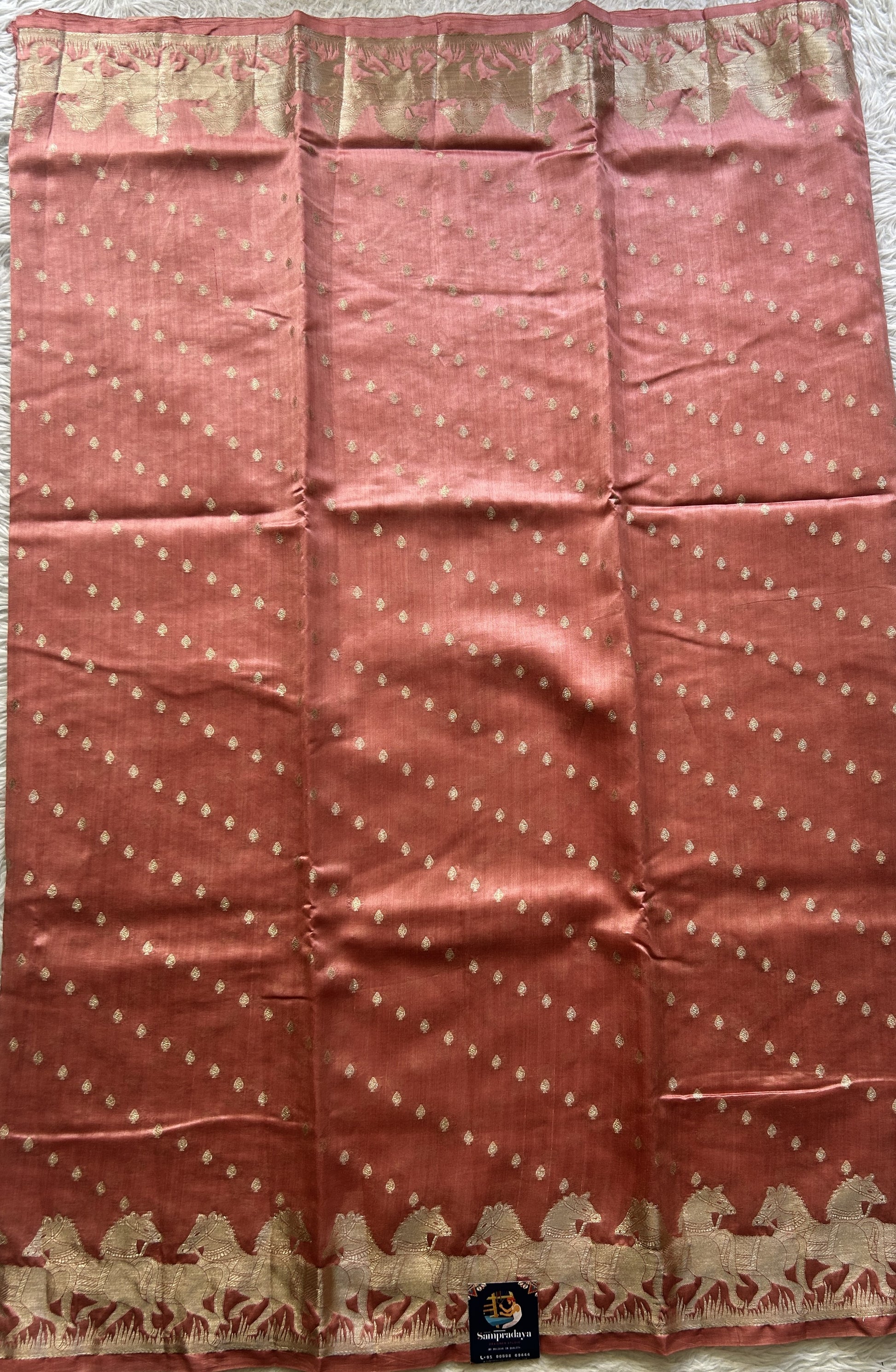 Chiniya Silk Saree Salmon Pink Colored Elegantly Paired with a Zari Border. - Sampradaya Designer Studio