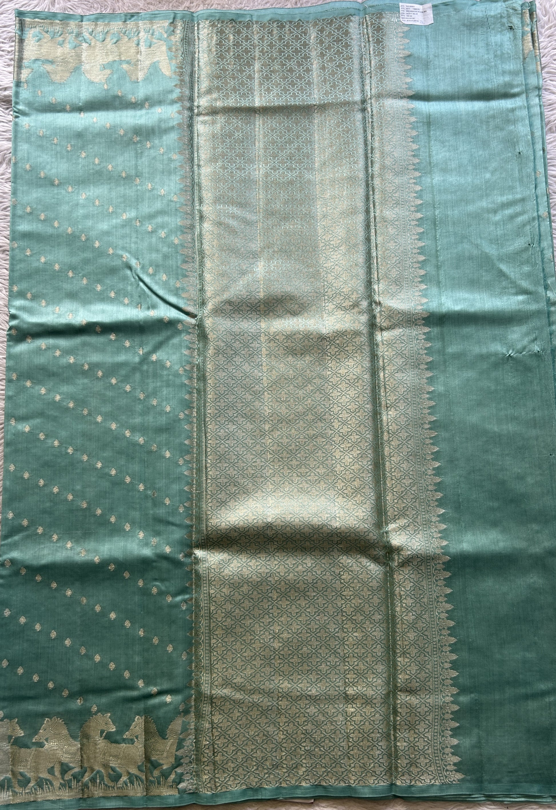 Chiniya Silk Saree Sea Blue Colored Elegantly Paired with a Zari Border. - Sampradaya Designer Studio