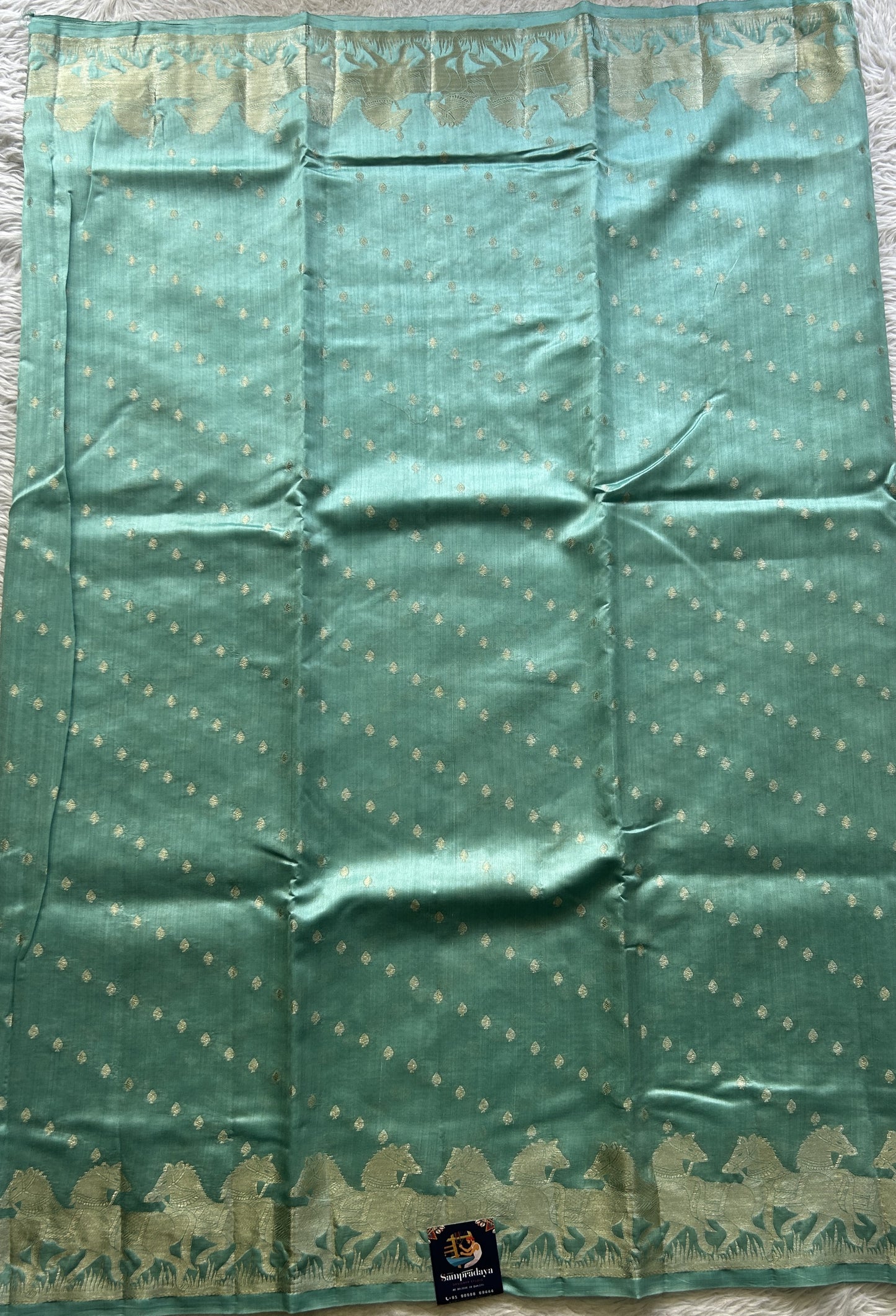 Chiniya Silk Saree Sea Blue Colored Elegantly Paired with a Zari Border. - Sampradaya Designer Studio